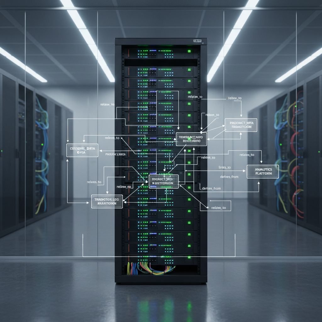 A sleek, dark charcoal server rack filled with neatly arranged network switches and storage arrays, each tiny status LED forming orderly constellations of green and blue. In front of the rack, a floating, semi-transparent 3D blueprint of a data architecture diagram appears, crisp white lines and labeled nodes representing structured metadata relationships. The environment is a spotless, glass-walled enterprise data center with reflective epoxy flooring and cable management so tidy it feels architectural. Cool, diffused overhead lighting casts soft reflections on metal surfaces, creating a calm, controlled atmosphere. Photographed at eye level with a subtle wide-angle lens, the rack is in sharp focus while the surrounding room gently blurs, emphasizing order, reliability, and professional metadata management in a clean, modern, photographic realism style.