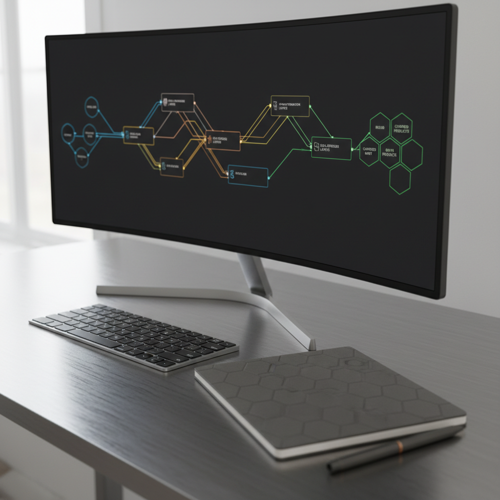 A close-up view of a brushed aluminum desktop with a single, ultra-wide curved monitor displaying a richly detailed data lineage map. Color-coded lines trace from source systems through transformation layers into curated data products, overlayed on a dark, minimalist interface. Around the monitor, neatly arranged are a slim wireless keyboard, a graphite-gray notebook with embossed geometric patterns, and a finely textured graphite pen placed parallel to the notebook’s edge. Soft, indirect daylight from an unseen window illuminates the workspace, creating subtle highlights along metallic edges and a serene, focused mood. The scene is captured from a three-quarter angle with a shallow depth of field so the lineage nodes are razor sharp while the notebook and pen gradually soften, reinforcing analytical precision and metadata-first thinking in a clean, photographic style.