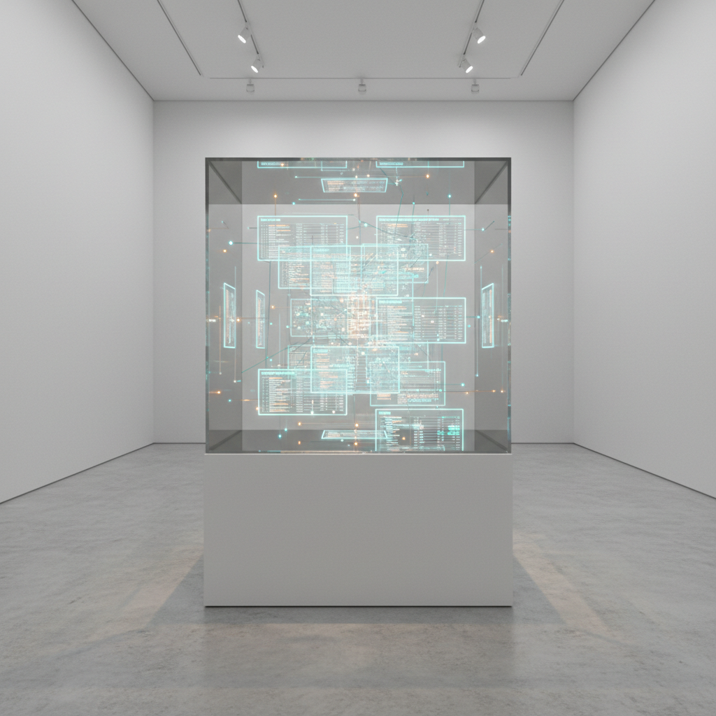 An abstract "metadata-first" concept rendered photographically: a transparent glass cube resting on a matte white pedestal, its interior filled with suspended, holographic data tables and schema diagrams glowing in soft cyan and amber hues. Each table is labeled with crisp, legible column names and data types, connected by delicate luminous lines representing relationships and governance rules. The setting is a minimalist gallery-like room with smooth concrete floors and white walls, lit by diffused overhead track lighting that casts gentle, precise shadows around the pedestal. Captured straight-on with a normal lens and sharp focus throughout, the composition centers the cube using the rule of thirds, creating a contemplative, forward-looking mood that symbolizes the core ideas from "Metadata-First: The Future of Data" in a polished, modern, photographic realism style.