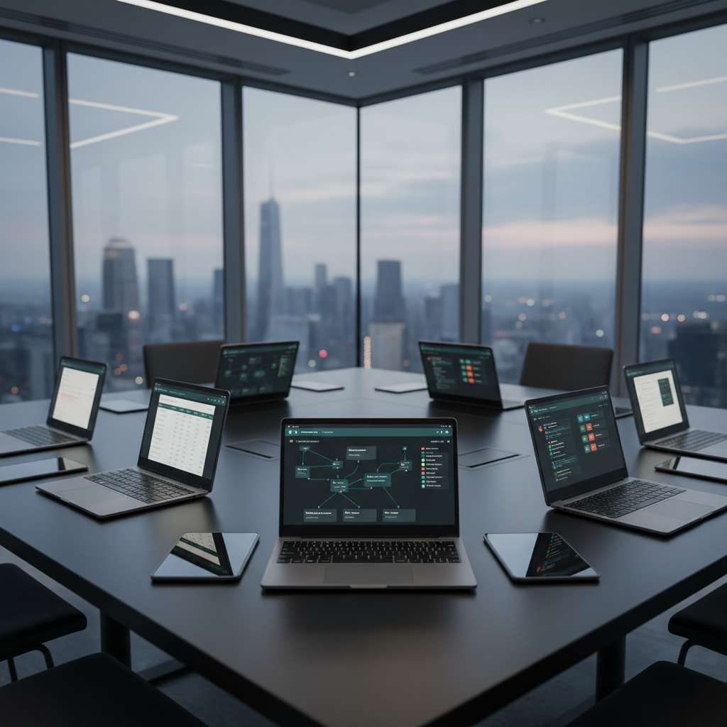 An elegant, matte-black conference table made of smooth composite material, its surface almost mirror-like, supporting a precisely aligned arrangement of open laptops and slim tablets. On every screen, a different view of the same metadata catalog is displayed: searchable tables, lineage diagrams, column definitions, and policy tags, all in a consistent teal and slate-gray interface. The backdrop is a high-floor corner office with floor-to-ceiling windows revealing a soft-focus city skyline at dusk. Cool, ambient office lighting blends with faint remaining daylight, creating gentle reflections on the devices. Shot from a slightly elevated angle using shallow depth of field, the central laptop display is razor sharp while distant windows and skyline blur, conveying a professional, strategic atmosphere and the power of unified enterprise metadata management in photographic realism.