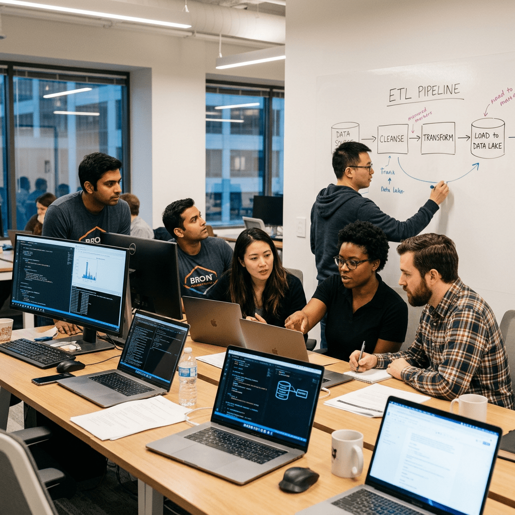 Team discussing ETL pipeline workflow on whiteboard with laptops and monitors